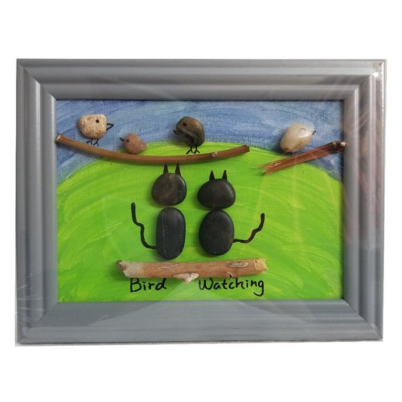 Cats Birds Watching Pebble Art Picture Hand Paint - Picture 1 of 5